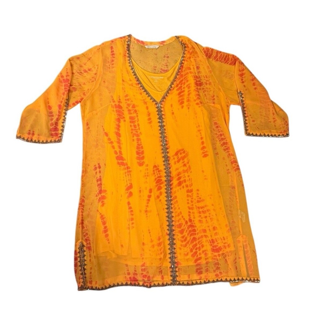 Soft Surroundings Parfair Caftan Slip Dress 2 Pc Orange Tie-Dye Sheer Coverup 1X